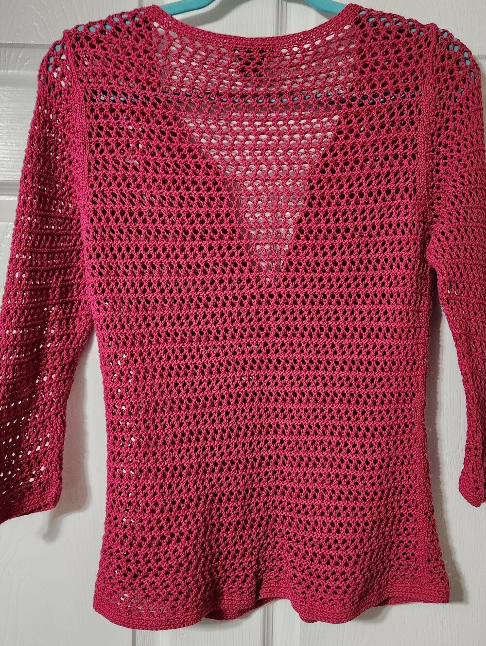 Eddie Bauer Fuchsia Open-Knit Crocheted Button Front Cardigan, Size M - Picture 4 of 5